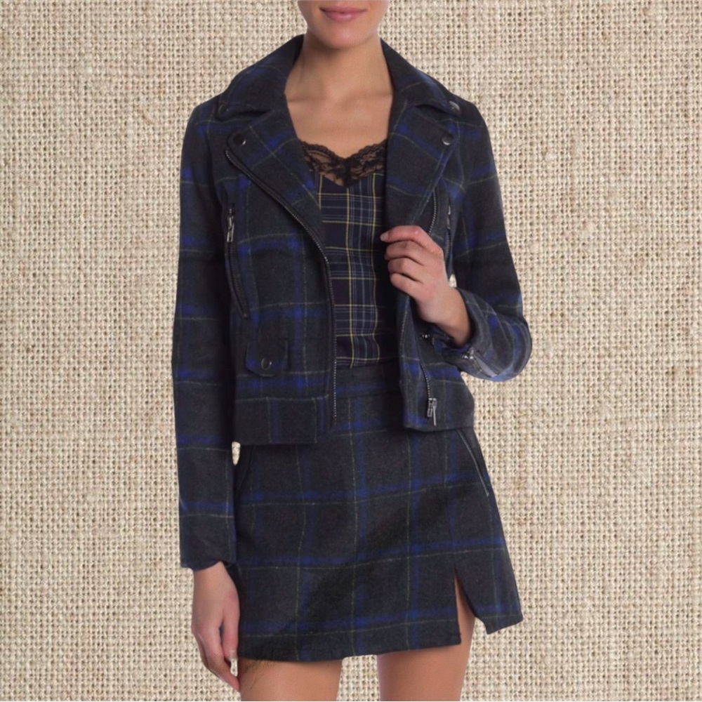 NWT RE:NAMED PLAID 2 PC. CO-ORD SKIRT SET, SIDE SMALL, BLUE/BLACK